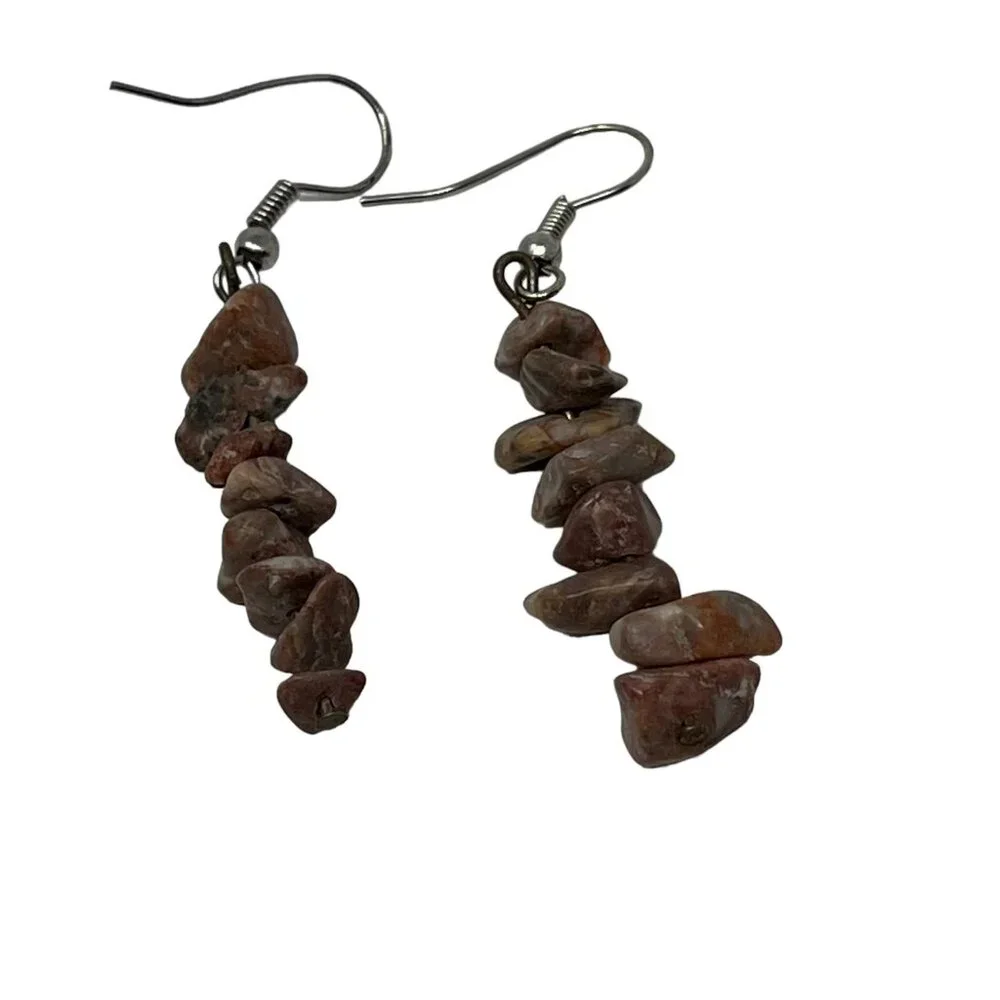 Vintage Pierced Earrings Brown Stone Chip Dangle Drop‎ Wire